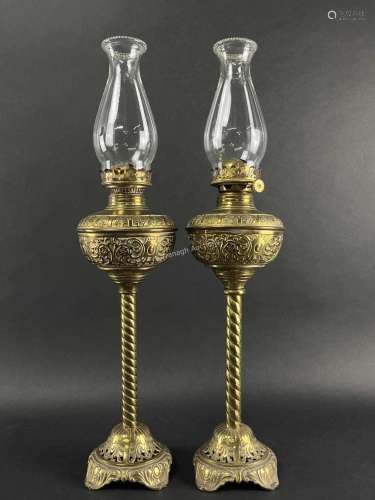 English Victorian Decorative Tall Brass Oil Lamps