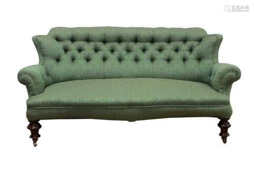 Victorian green button upholstered sofa, of small size, serp...