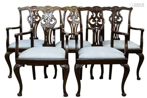 Set of five George III style mahogany open armchairs, each w...