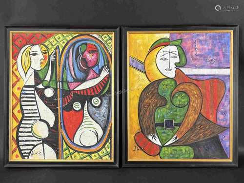 After Picasso, Pair Signed Abstract Oil Paintings