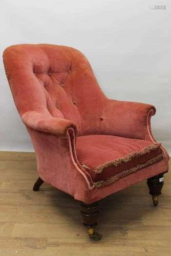 Early Victorian button back easy chair, the casters stamped ...