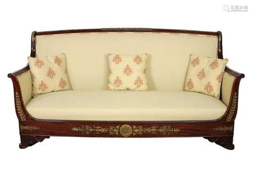 Empire-style mahogany framed and brass mounted day bed, upho...