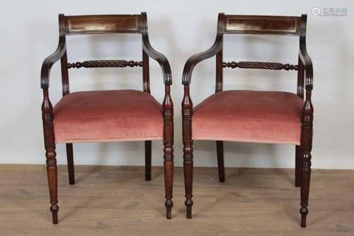 Pair of Regency mahogany and brass strung elbow chairs