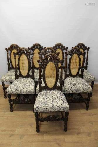 Set of eight Jacobean style carved oak high back dining chai...