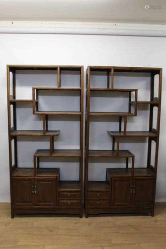 Pair of Chinese hardwood floor standing cabinets, with asymm...