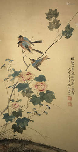 陸抑非 花鳥 設色紙本 立軸