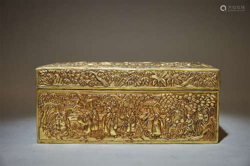 清 銅鎏金市井浮雕圖方盒