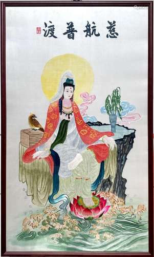 A Framed Embroidered Guanyin Painting