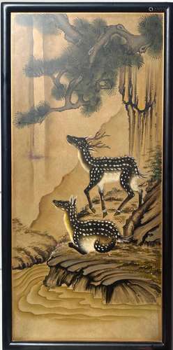 A Framed Japanese Painting on Wood