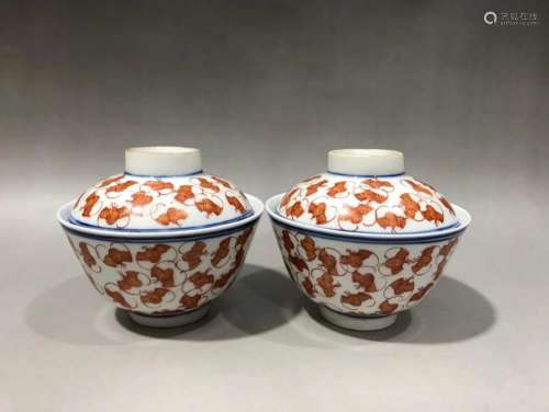 PAIR OF CHINESE IRON RED DECORATED BOWLS