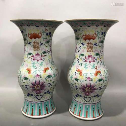 PAIR OF CHINESE FAMILLE ROSE GU VASES