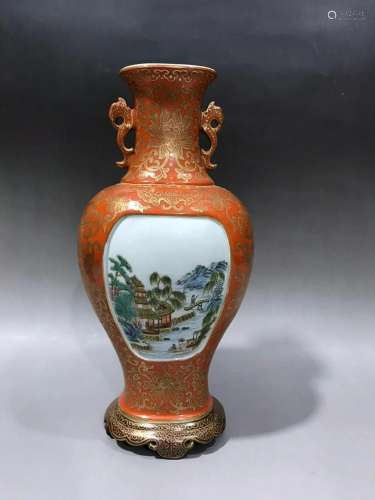 CHINESE CORAL RED GILT FAMILLE ROSE VASE,QIANLONG MARK