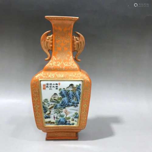 CHINESE CORAL RED GILT FAMILLE ROSE WALL VASE,QIANLONG