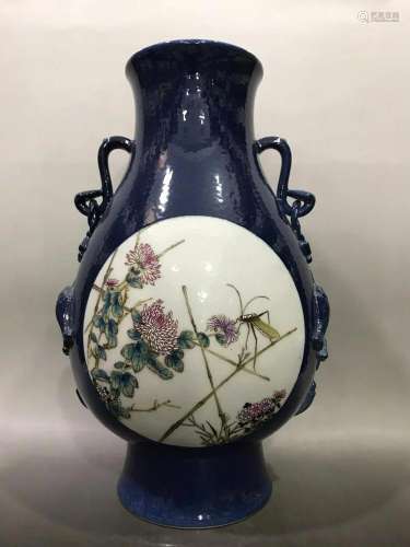 CHINESE BLUE GLAZED FAMILLE ROSE VASE