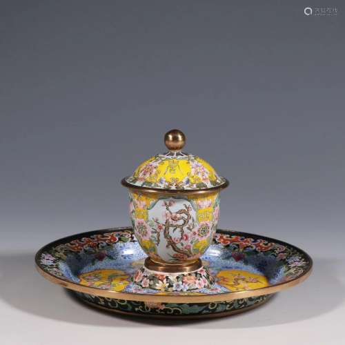 CHINESE CLOISONNE CUP WITH PLATE