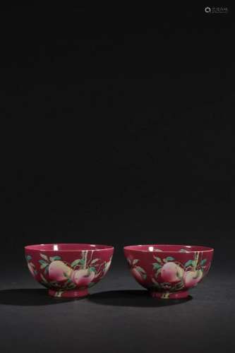 PAIR OF CHINESE RED GLAZED FAMILLE ROSE BOWLS