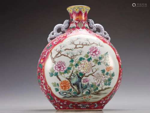 CHINESE RED GLAZED FAMILLE ROSE MOONFLASK,QIANLONG MARK