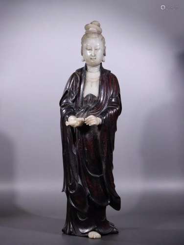 CHINESE CHENGXIANG WOOD WITH SOAPSTONE GUANYIN
