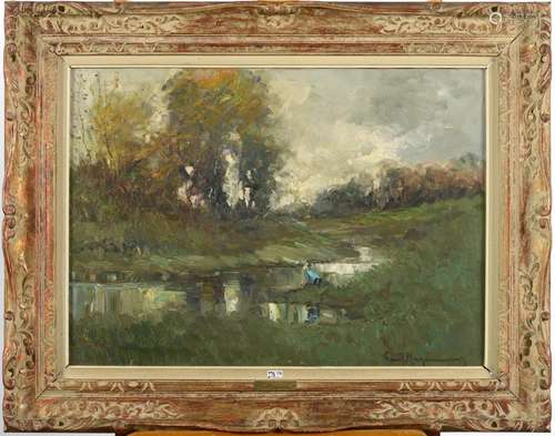 Huile sur toile "La lavandière en bord de rivière"...