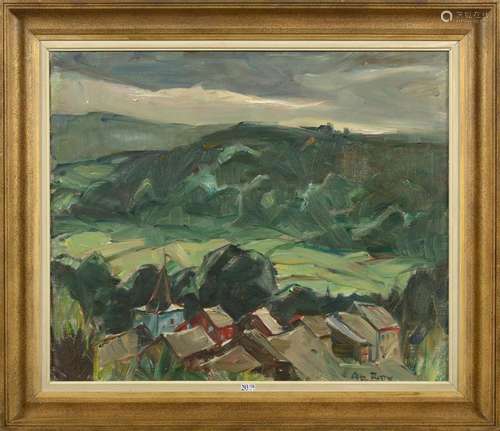 Huile sur toile "Vue d'un village dans les Ardennes...