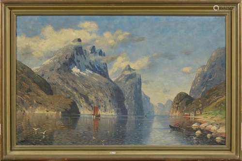 Huile sur toile "Vue d'un fjord en Norvère". S...