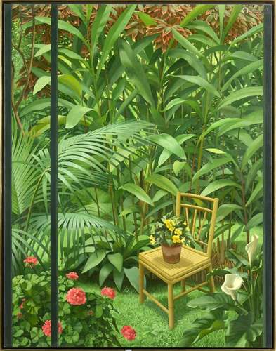 Huile sur toile "Le jardin exotique". Signé en bas...