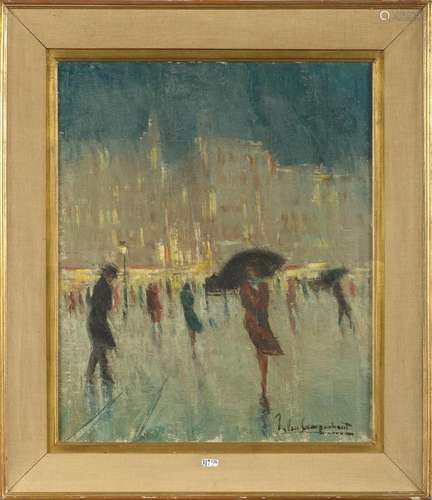 Huile sur toile "Boulevard animé sous la pluie". S...