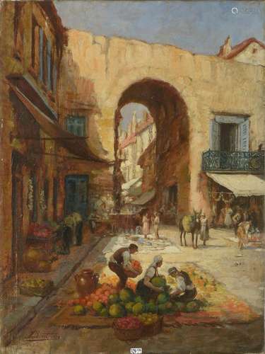 Huile sur toile "Porte d'un marché dans le sud de l...