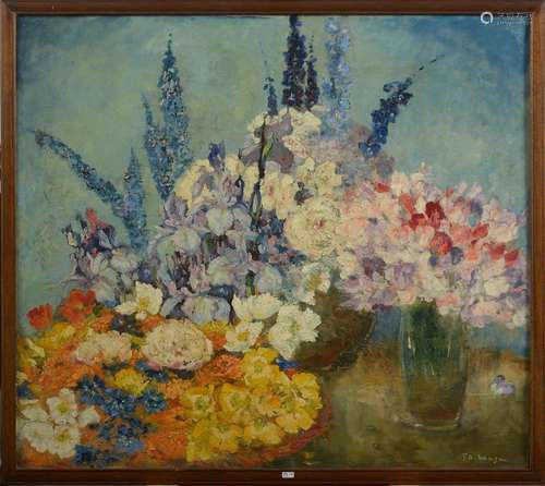 Huile sur toile "Nature morte aux vases de fleurs"...