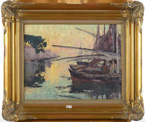 Huile sur toile "Barques de pêche sur l'étang de Ma...