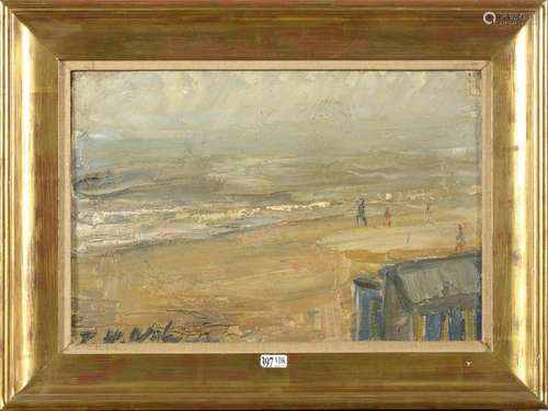 Huile sur toile "Vue de la plage animée". Signé en...