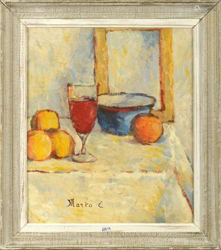 Huile sur toile "Nature morte aux fruits, au bol et au ...