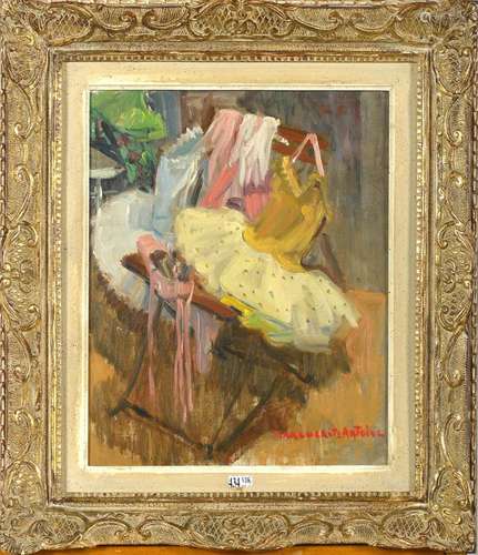 Huile sur toile "Les tutus posés sur la chaise". S...