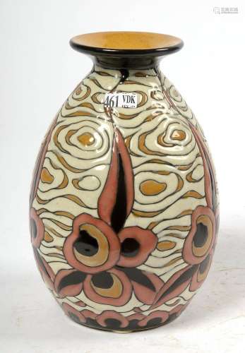 Petit vase pansu Art déco en grès à décor floral stylisé éma...