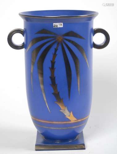 Grand vase à deux anses en faïence Boch Luxembourg bleue déc...