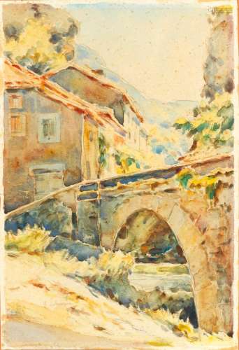 Henri LEBASQUE (1865-1937) - Le Pont - Aquarelle signée en b...