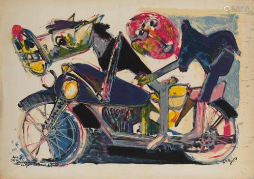Bernard LORJOU (1908-1986) - Composition à la moto - Lithogr...
