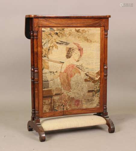 A mid-Victorian rosewood firescreen with hinged top above a ...