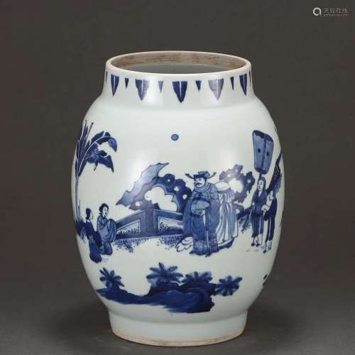 A Blue and White Figural Story Jar