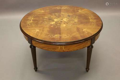 Ronde notelaren salontafel met bloemenmarquetterie - Hoogte ...