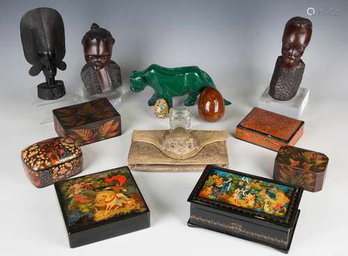 A group of collectors' items, including a Russian Palekh...