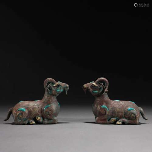 Pair Turquoise Inlaid Bronze Rams