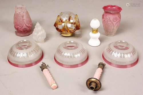 A group of Victorian and later glass lamp shades, including ...