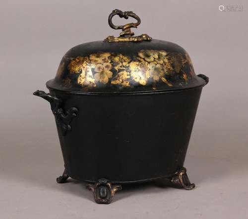 A Regency toleware wine cooler or coal box of oval form with...