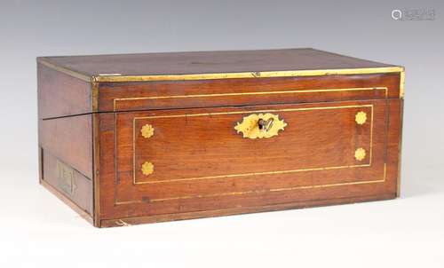 A Regency rosewood and brass inlaid writing slope, one side ...