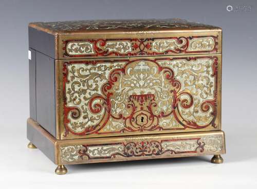 A 19th century French boulle work table-top decanter box, th...