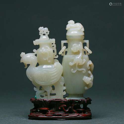 A Carved White Jade Conjoined Vases