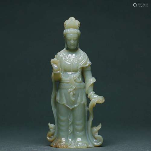 A Carved Jade Standing Guanyin