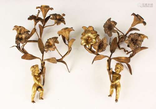 A pair of 19th century French ormolu figural light fittings,...