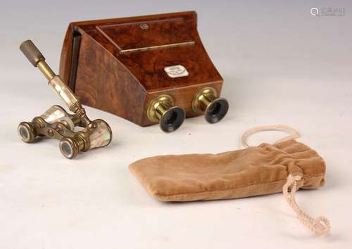 A Victorian burr walnut stereoscopic viewer with gilt brass ...